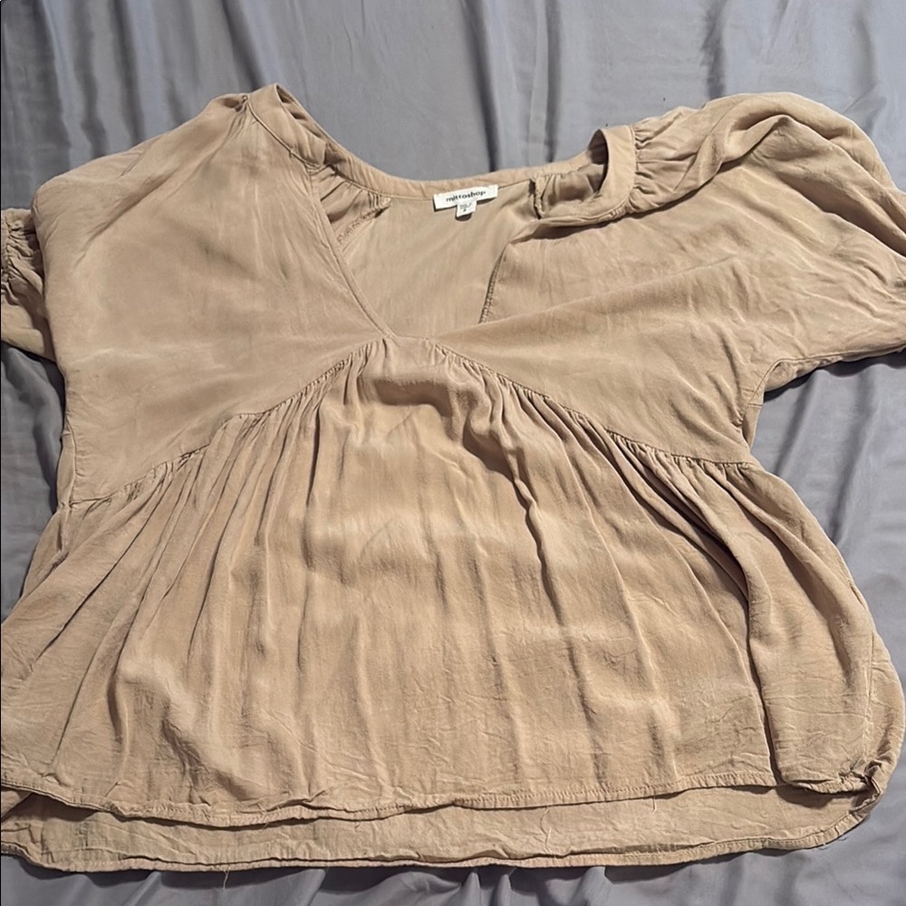 Mittoshop Women's Tan Plunging Babydoll Blouse - Size Small🫶